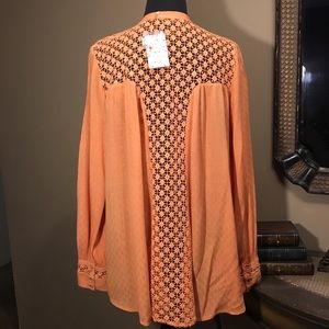 NWT FREE PEOPLE Gauze & Lace Cutout Blouse Sz Lg